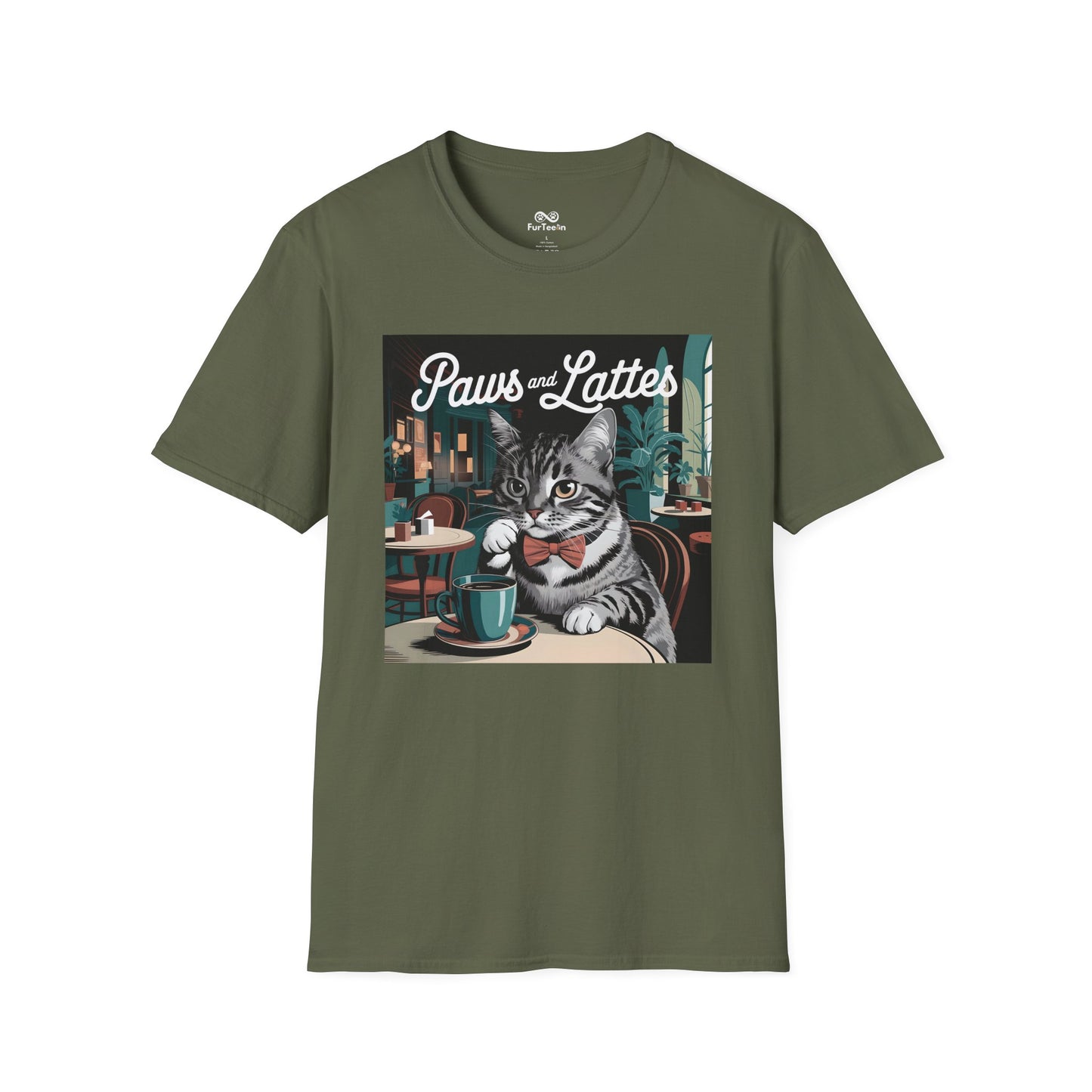 Retro Cozy Cat sipping Coffee Old Fashioned Cafe Setting Graphic Cat Unisex T-Shirt